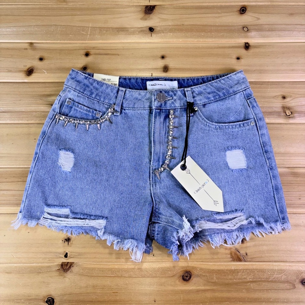 NEW Ban Jara Jean Shorts Womens 5 Distressed Relaxed Fit Crystal and Spike Denim